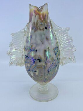 vintage rick hunter iridescent art glass fish vase flared fins & swirl details
